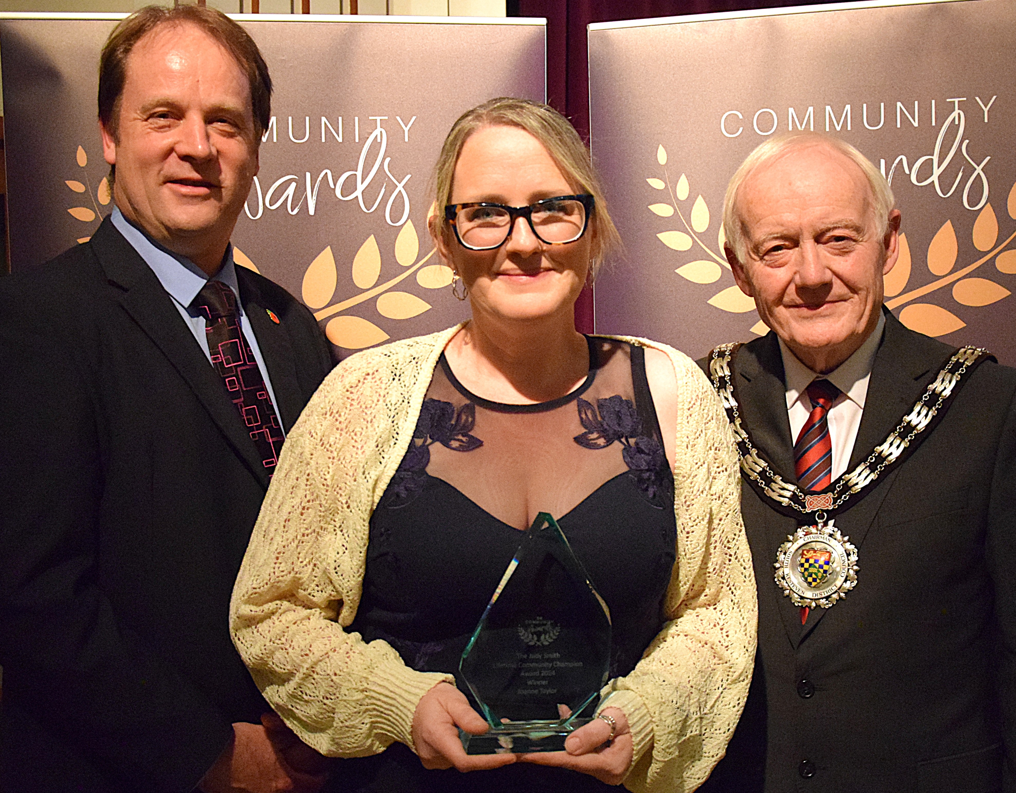 Cllrs Ashley Baxter and Paul Fellows with Joanne Taylor, winner fo the Judy Smith Lifetime Community Champion Award