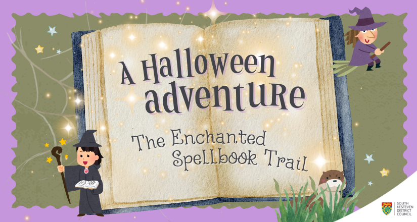 A poster with purple and green background reading A Halloween Adventure - The Enchanted Spellbook.